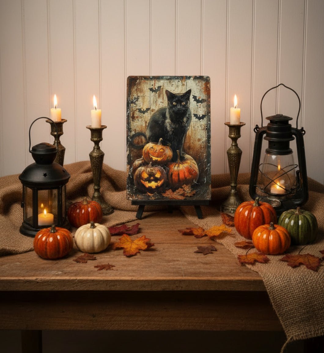 Primitive Halloween Black Cat Bats Jack O Lanterns 12x8 Metal Sign - The Primitive Pineapple Collection