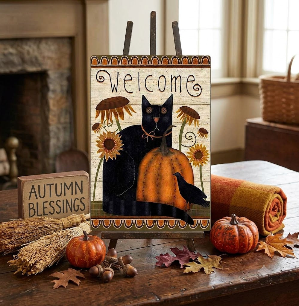 Primitive Fall Welcome Black Cat and Pumpkin 8x12 Metal Sign