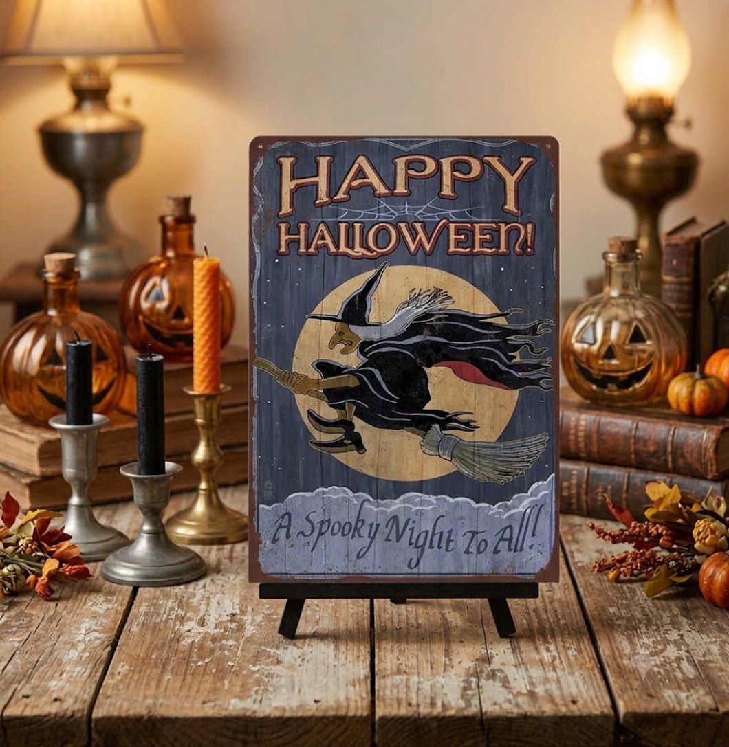 Primitive Happy Halloween Witch Flying 12x8 Metal Sign - The Primitive Pineapple Collection