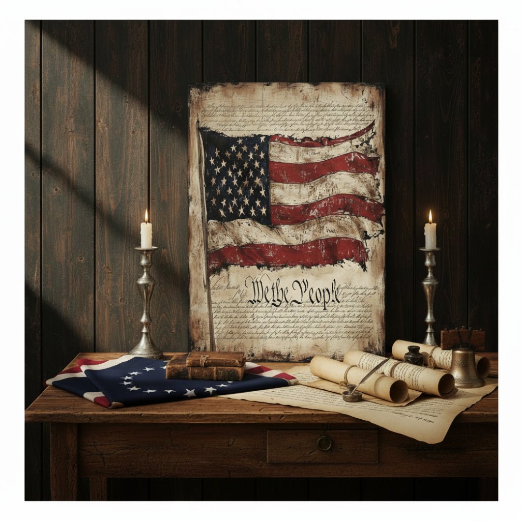 Primitive American Flag Wall Decor - We The People 8x12 Inch Metal Sign - The Primitive Pineapple Collection