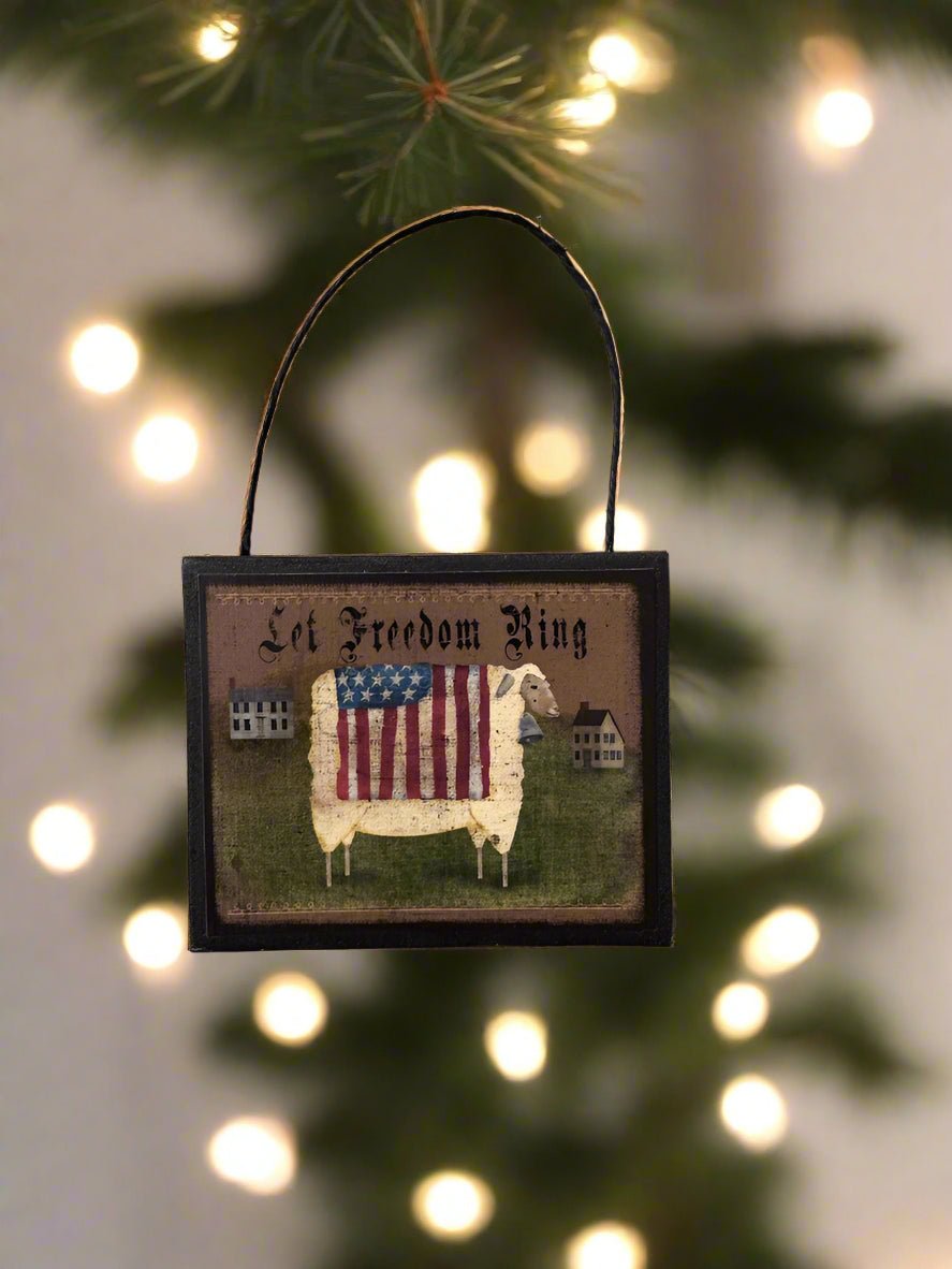 Primitive Farmhouse Handcrafted Americana Let Freedom Ring Sheep Ornament - The Primitive Pineapple Collection