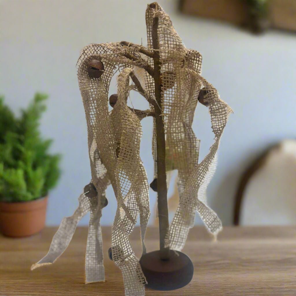Primitive Farmhouse 12in Burlap Willow Tree w/Bells - The Primitive Pineapple Collection