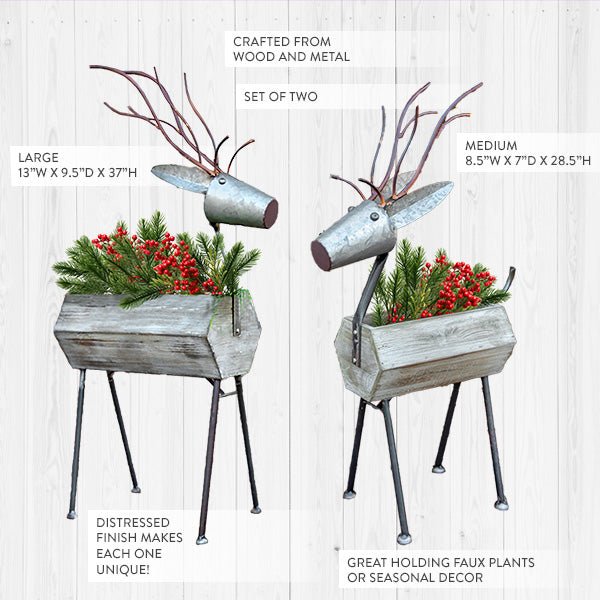 Farmhouse Christmas Large 2pc Metal Reindeer Planter Figurines - The Primitive Pineapple Collection