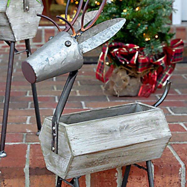 Farmhouse Christmas Large 2pc Metal Reindeer Planter Figurines - The Primitive Pineapple Collection