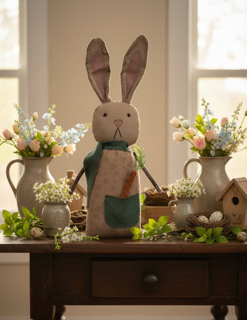 Primitive Easter Spring 15.5" Floral Bunny Doll with Carrot Pocket - The Primitive Pineapple Collection