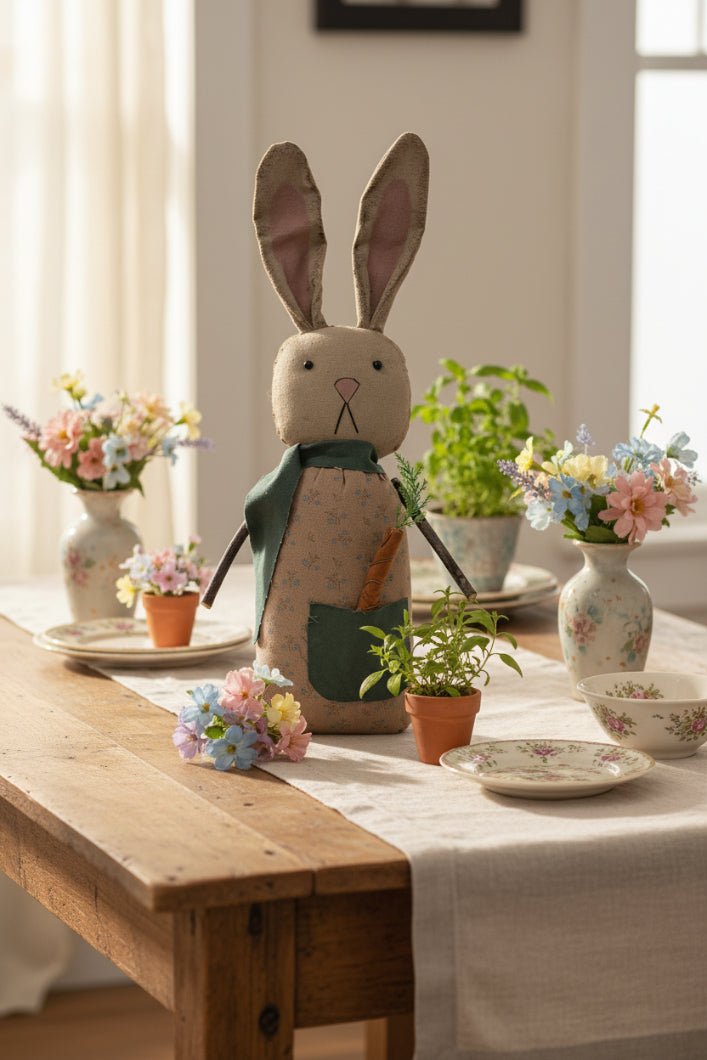 Primitive Easter Spring 15.5" Floral Bunny Doll with Carrot Pocket - The Primitive Pineapple Collection