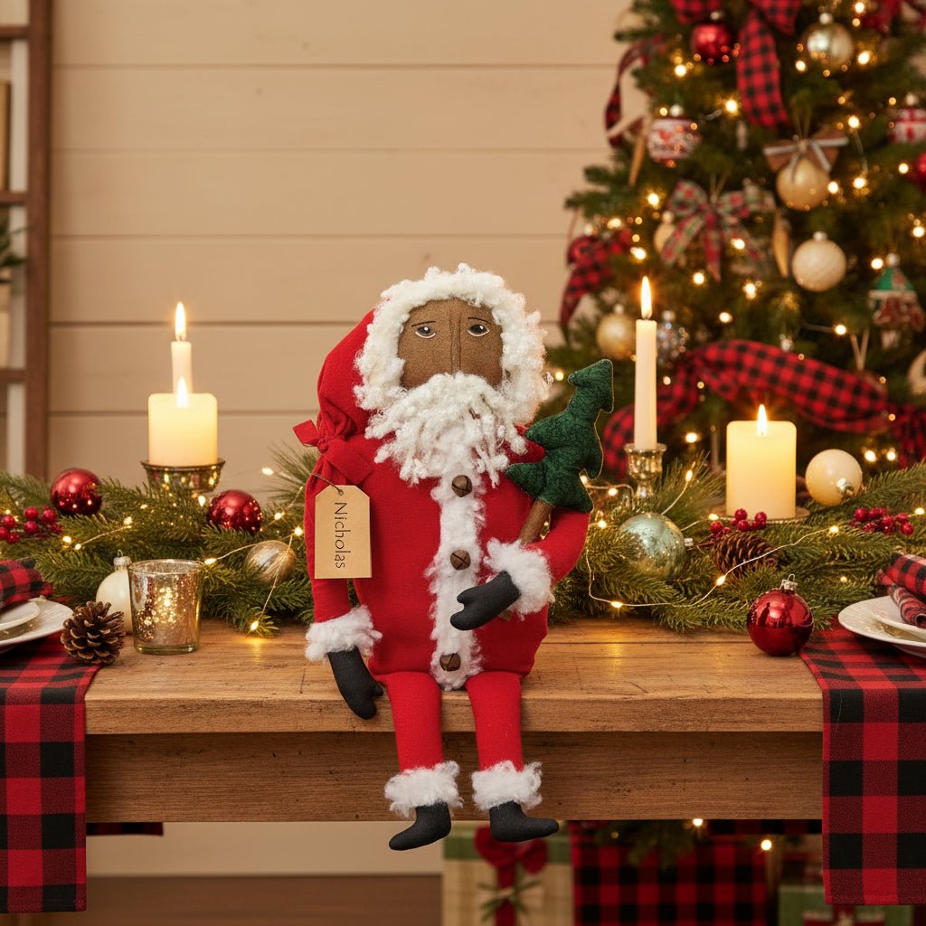 Christmas 16" Stuffed Primitive Red Suit Nicholas Doll w/Tree - The Primitive Pineapple Collection