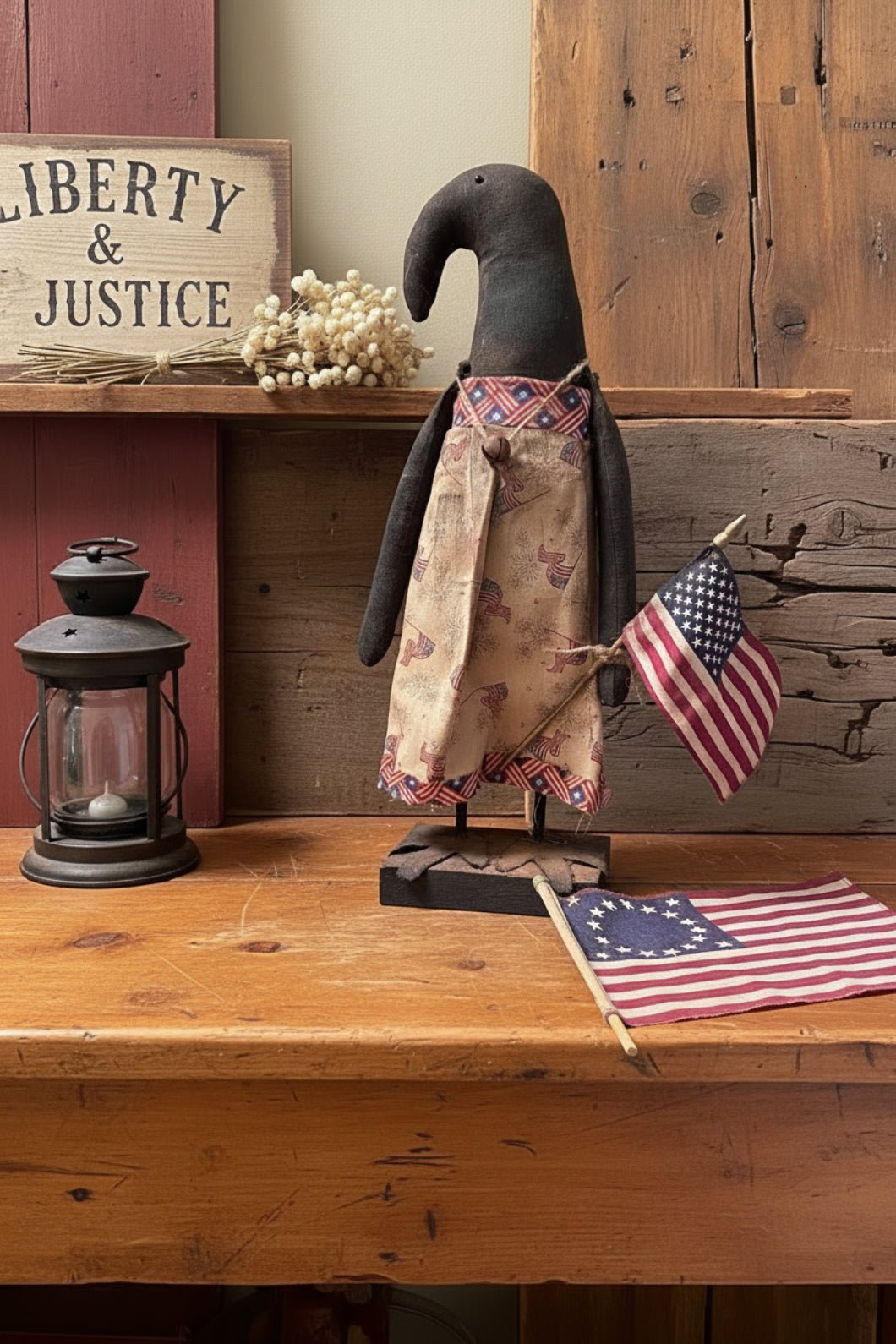 Primitive Handcrafted 20" Americana Patriotic Girl Crow on Stand w/ Flag - The Primitive Pineapple Collection