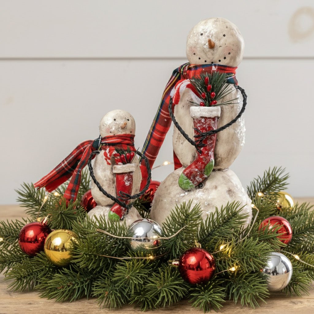 Christmas Ragon House 10.5" Snowman w Candy Cane Stocking Figurine - The Primitive Pineapple Collection