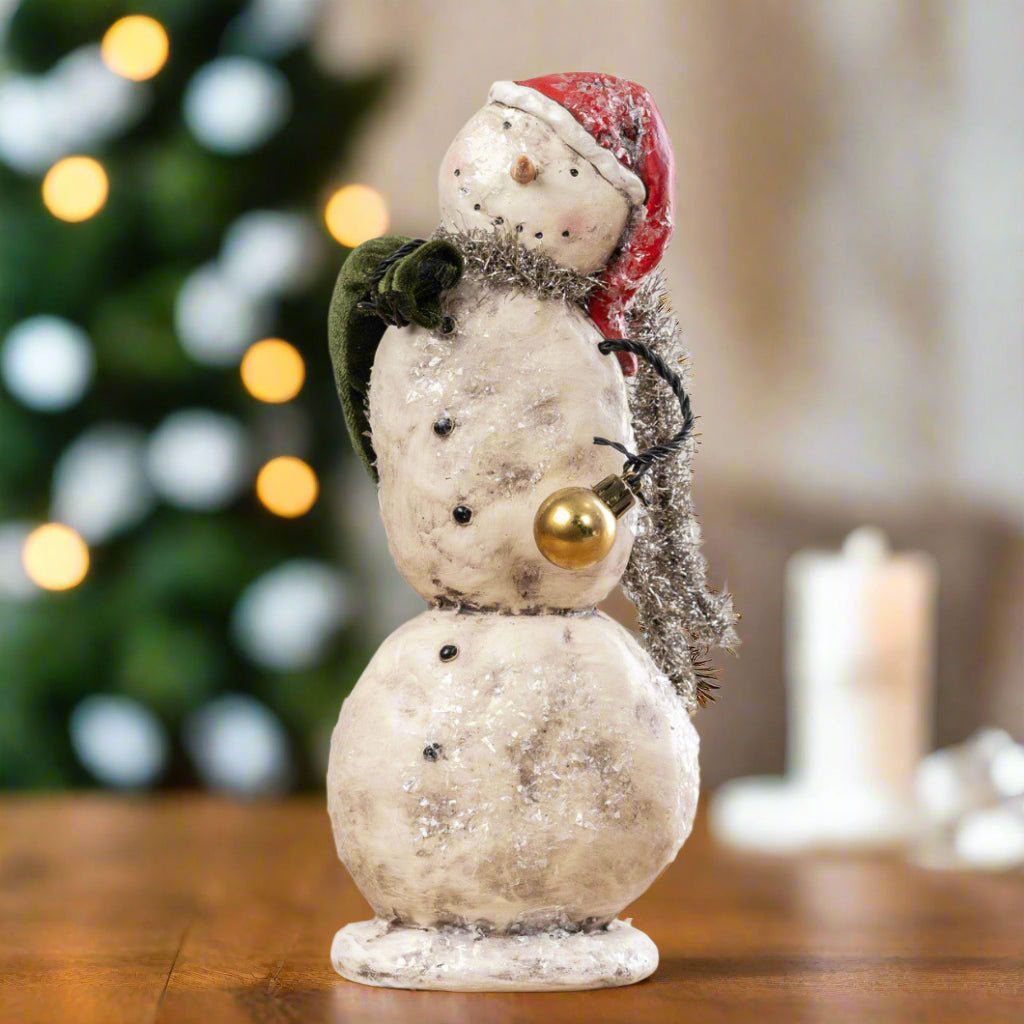 Christmas Ragon House 10.75" Snowman w Gold Ornament Figurine - The Primitive Pineapple Collection