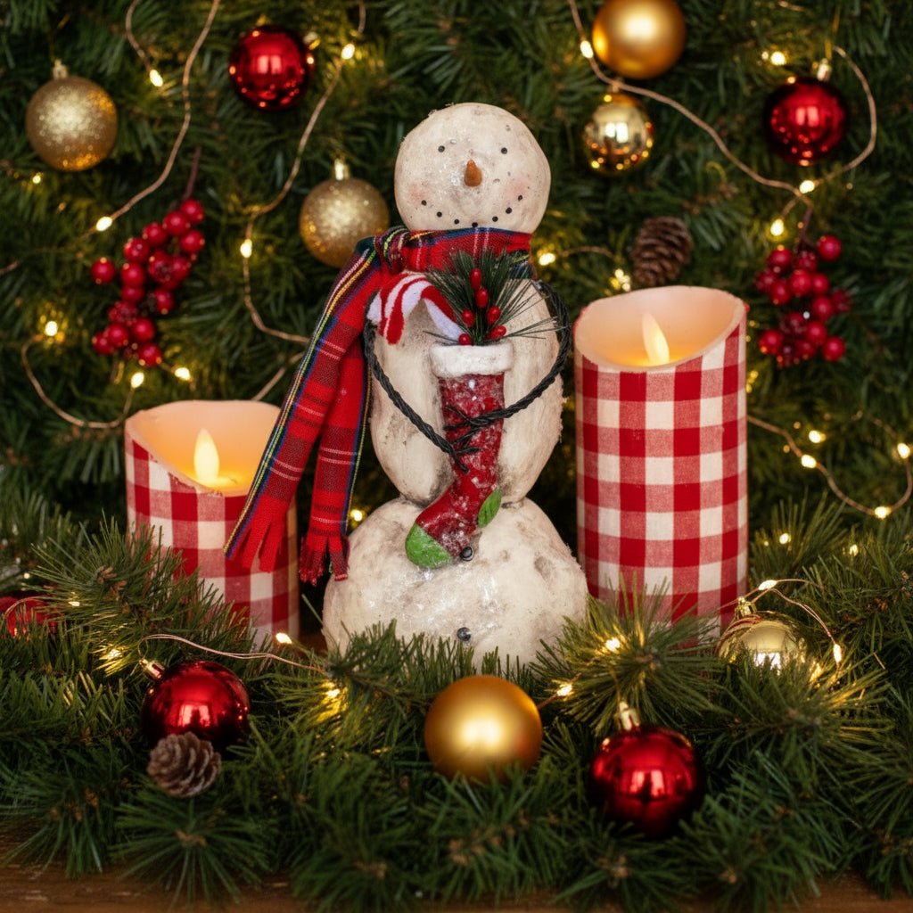 Christmas Ragon House 10.5" Snowman w Candy Cane Stocking Figurine - The Primitive Pineapple Collection
