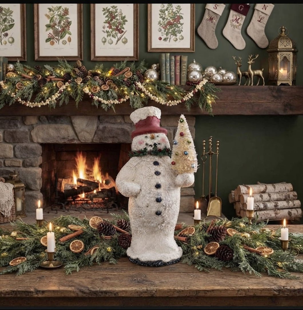 Primitive Mache Snowman with Holly — 12.5" Handcrafted Christmas Decor - The Primitive Pineapple Collection