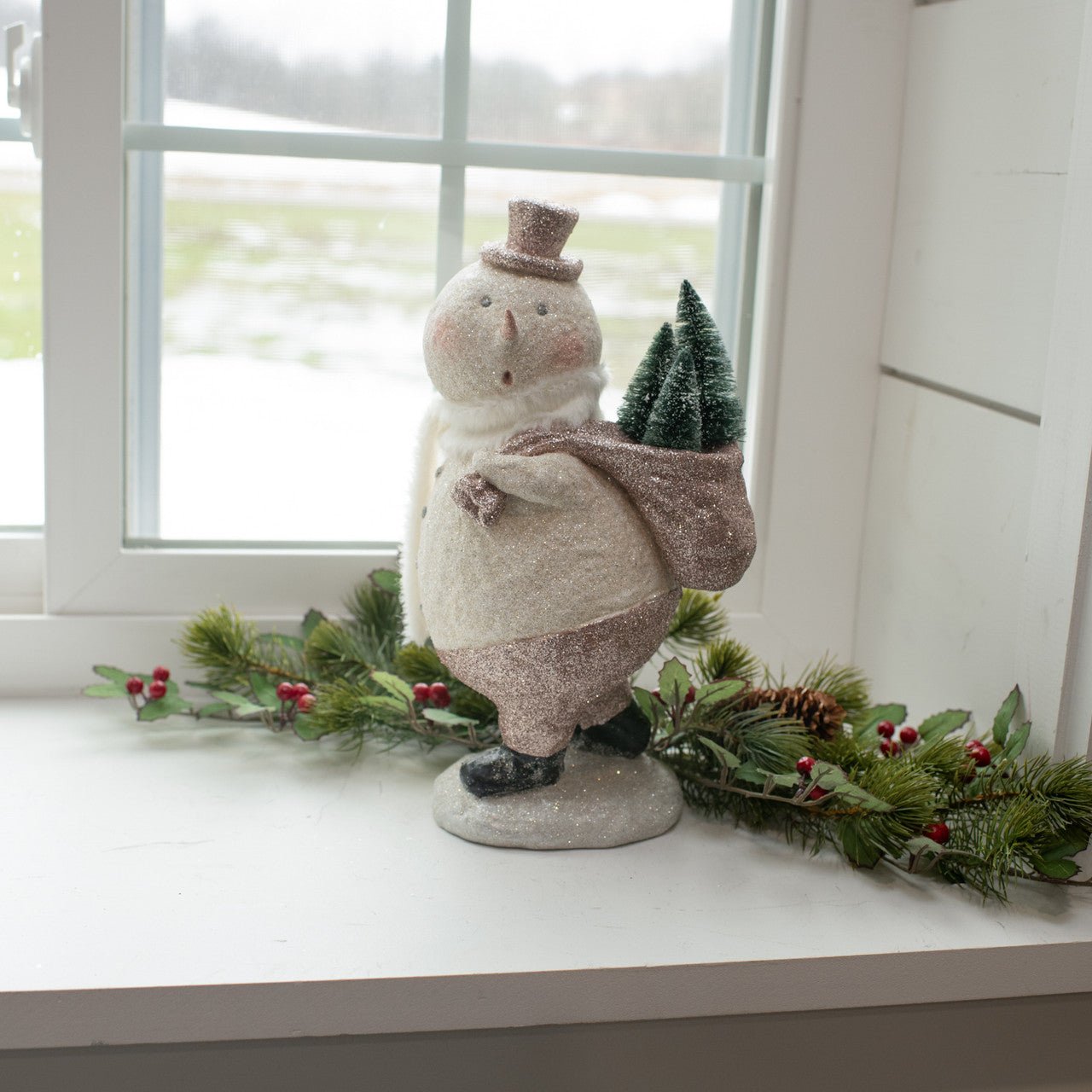 Ragon House 12.5" Primitive Mache Snowman with Bottle Brush Trees - The Primitive Pineapple Collection