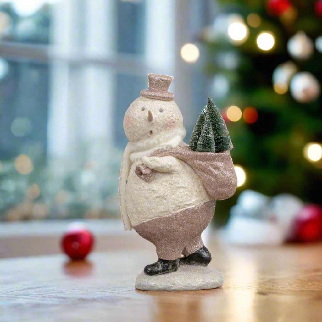 Ragon House 12.5" Primitive Mache Snowman with Bottle Brush Trees - The Primitive Pineapple Collection