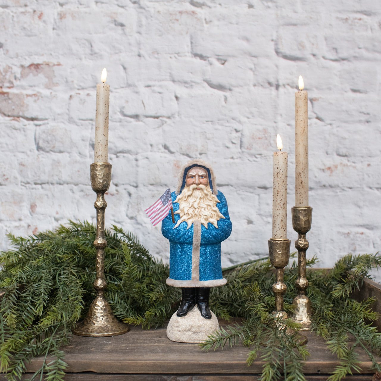 Christmas Ragon House 11” Blue German Style Belsnickle Santa w/ USA Flag - The Primitive Pineapple Collection