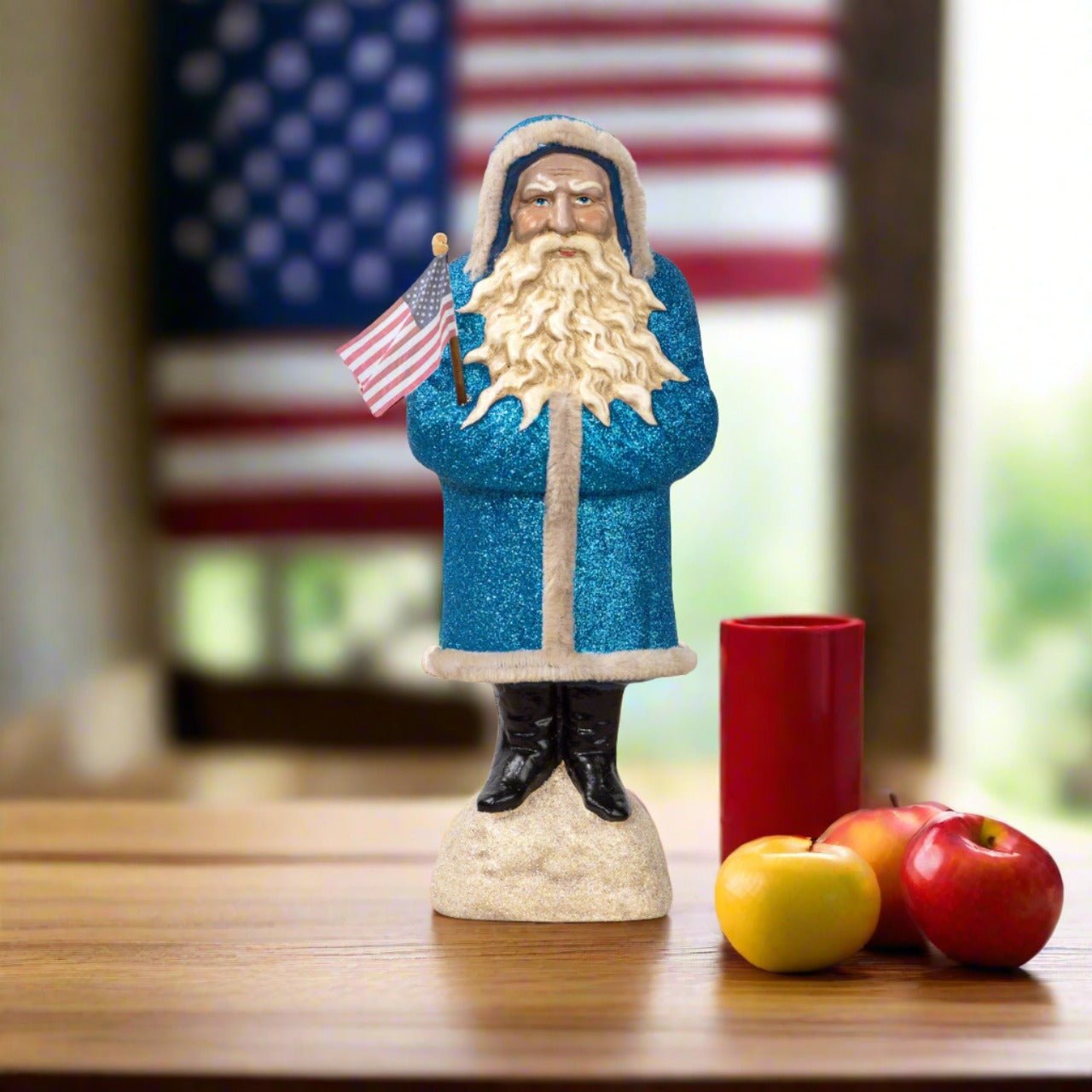 11” Blue Belsnickle Santa Figurine by Ragon House - Primitive Christmas Decor with USA Flag - The Primitive Pineapple Collection