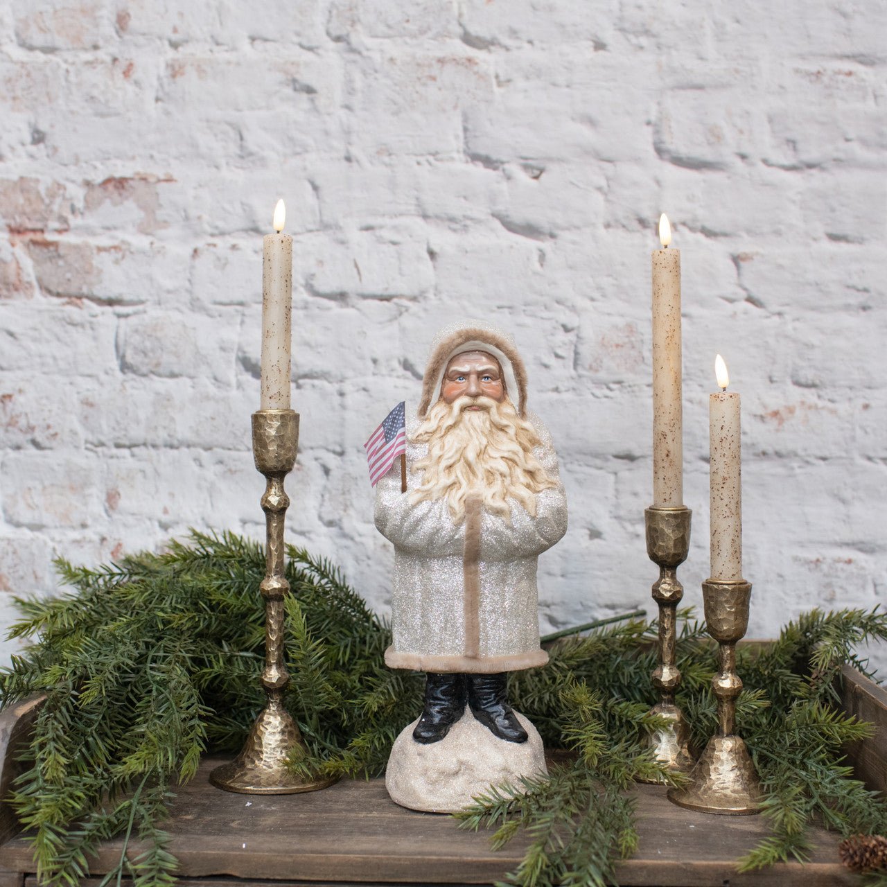 Christmas Ragon House 13.5” White German Style Belsnickle Santa w/ USA Flag - The Primitive Pineapple Collection