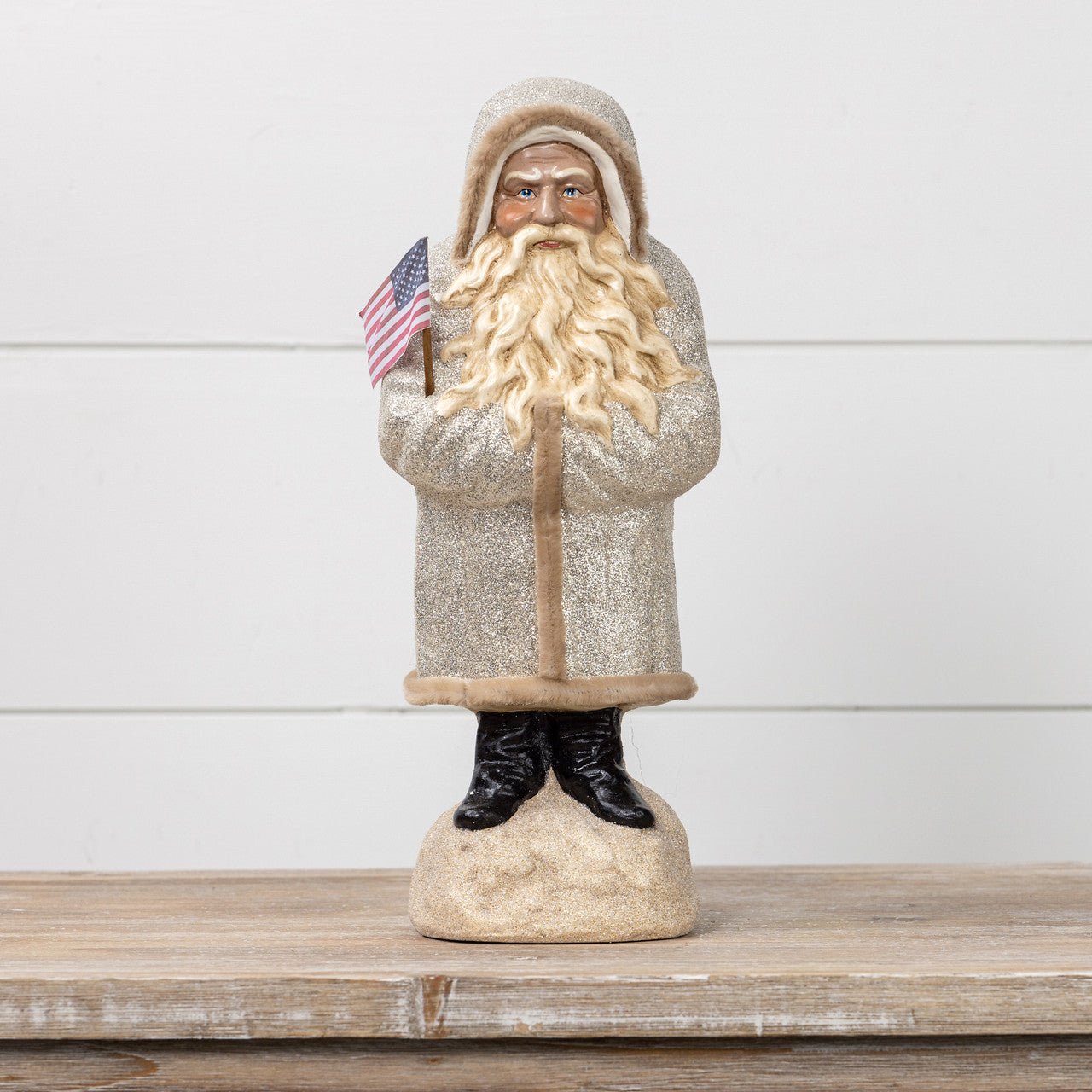 Christmas Ragon House 13.5” White German Style Belsnickle Santa w/ USA Flag - The Primitive Pineapple Collection