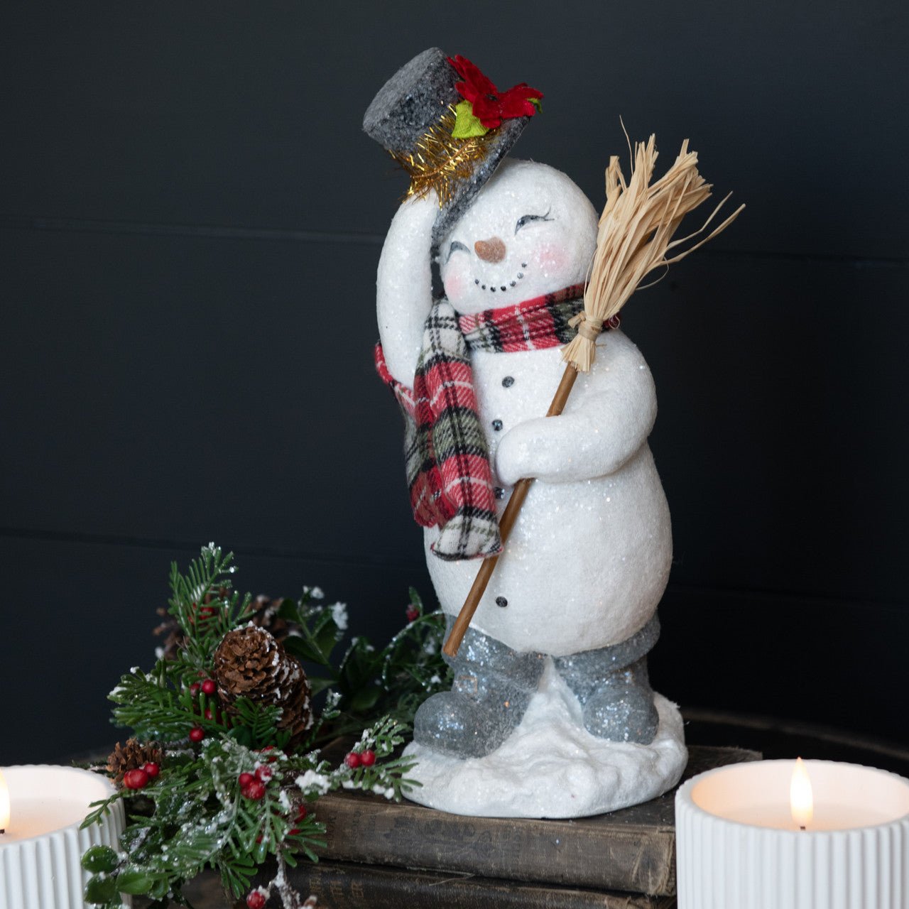Ragon House 12.5” Vintage Looking Snowman w/ Broom and Plaid Scarf - The Primitive Pineapple Collection