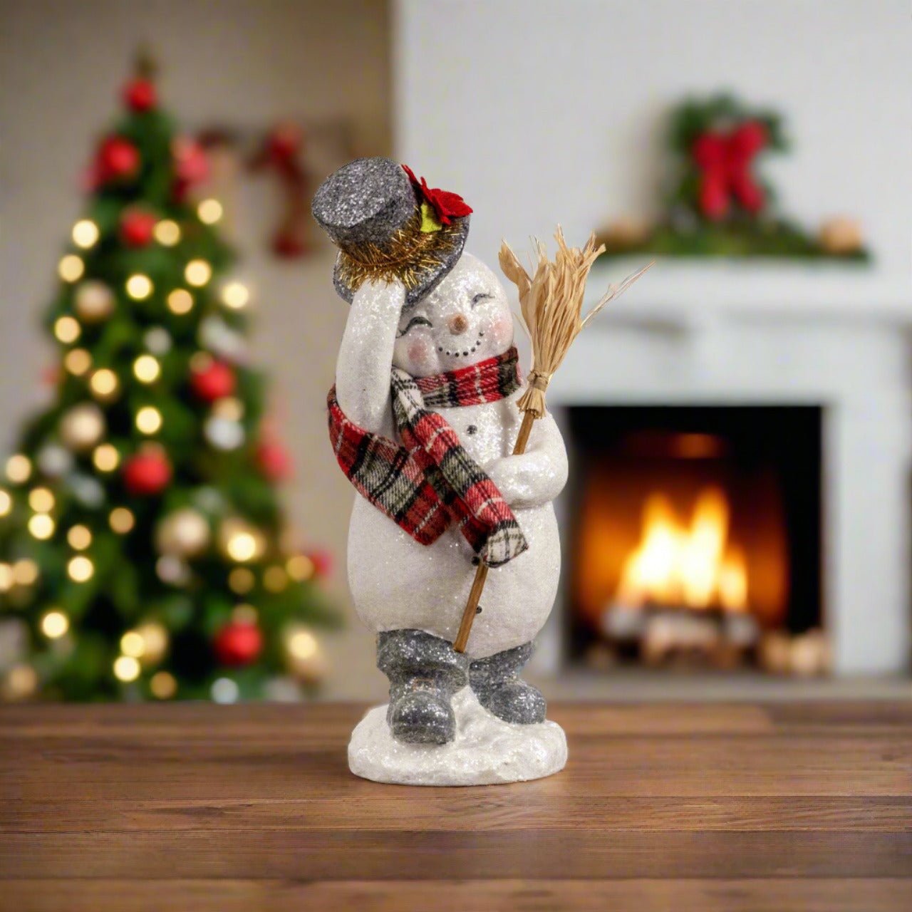 Ragon House 12.5” Vintage Looking Snowman w/ Broom and Plaid Scarf - The Primitive Pineapple Collection