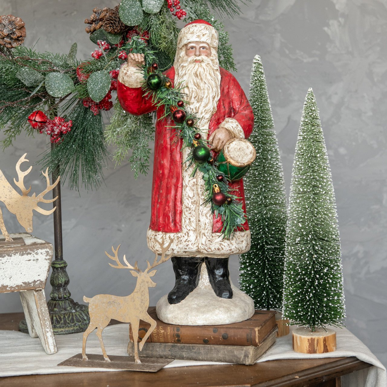 Ragon House 17" Primitive Retro Santa with Garland | Vintage Decor - The Primitive Pineapple Collection