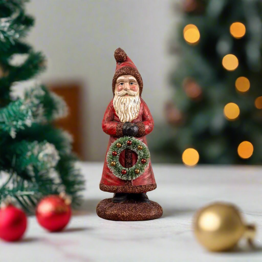 Ragon House Christmas 7.5" Simple Santa with Bottle Brush Wreath - The Primitive Pineapple Collection