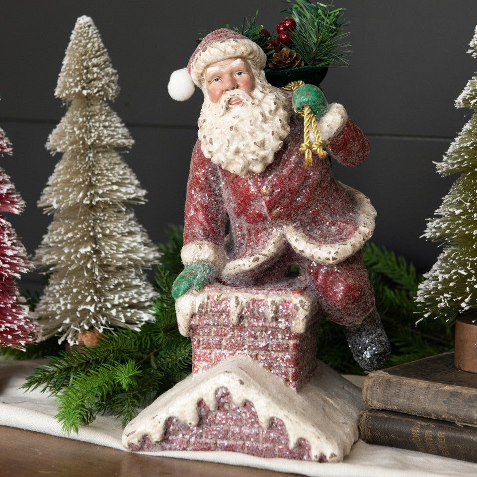 Ragon House Christmas 11.5” Vintage Looking Chimney Rooftop Santa with Sack of Greens - The Primitive Pineapple Collection