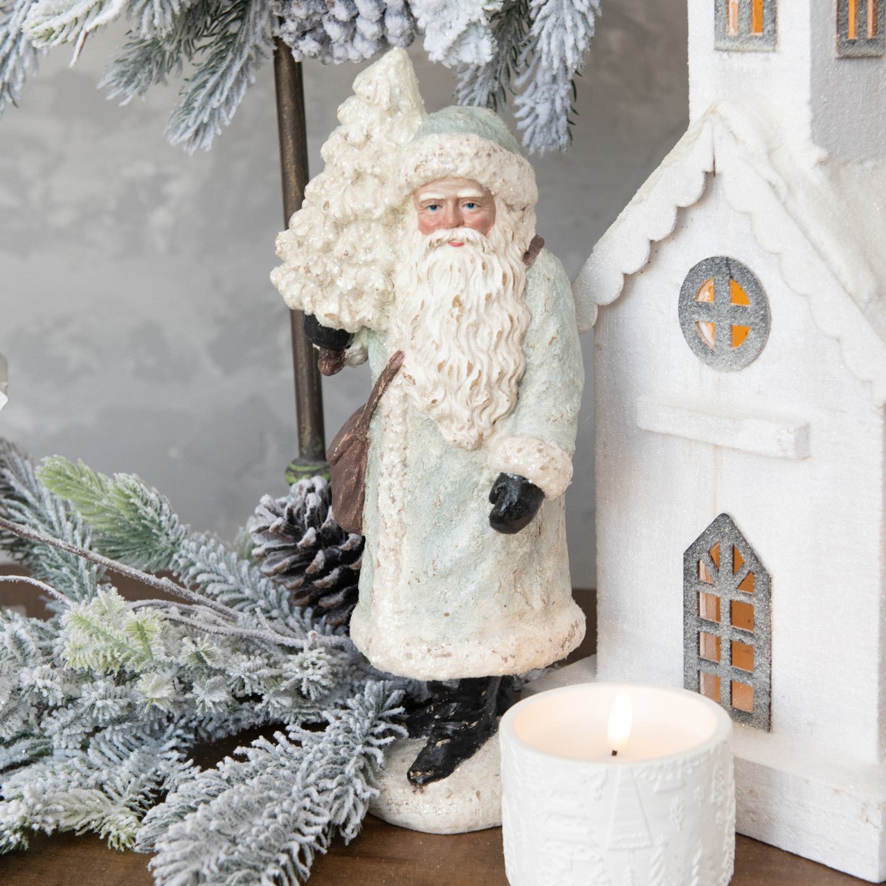 Ragon House Christmas Vintage Look 12.5" Santa Claus in Silver w/ Tree Figurine - The Primitive Pineapple Collection