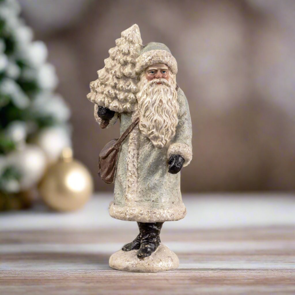 Ragon House Christmas Vintage Look 12.5" Santa Claus in Silver w/ Tree Figurine - The Primitive Pineapple Collection