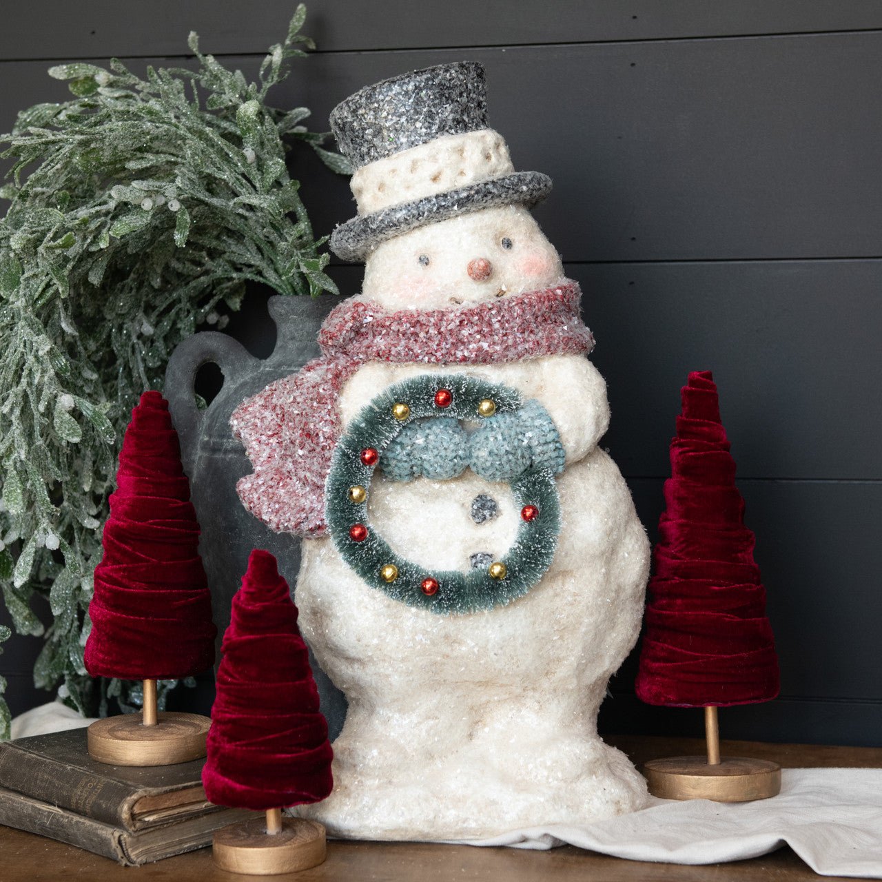Ragon House 20” Vintage Looking Snowman w/ Holly Hat and Bottle Brush Wreath - The Primitive Pineapple Collection