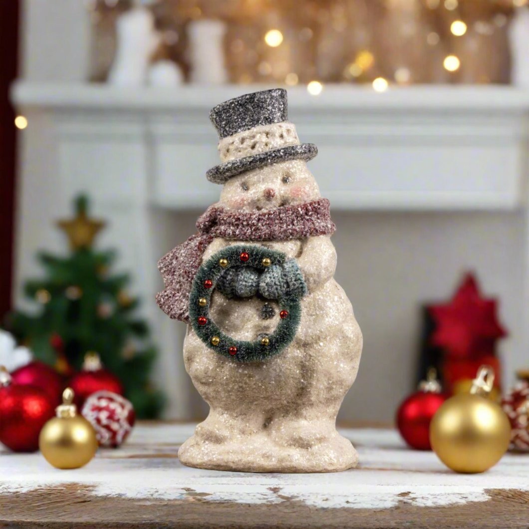Ragon House 20” Vintage Looking Snowman w/ Holly Hat and Bottle Brush Wreath - The Primitive Pineapple Collection