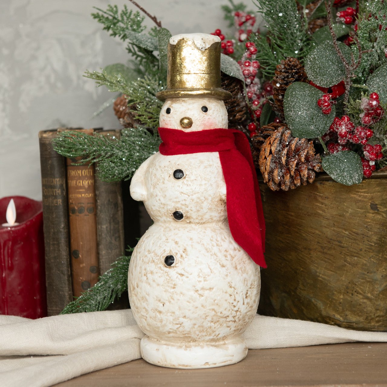 Ragon House Christmas 10.5” Vintage Looking Snowman Figurine w/ Gold Top Hat - The Primitive Pineapple Collection