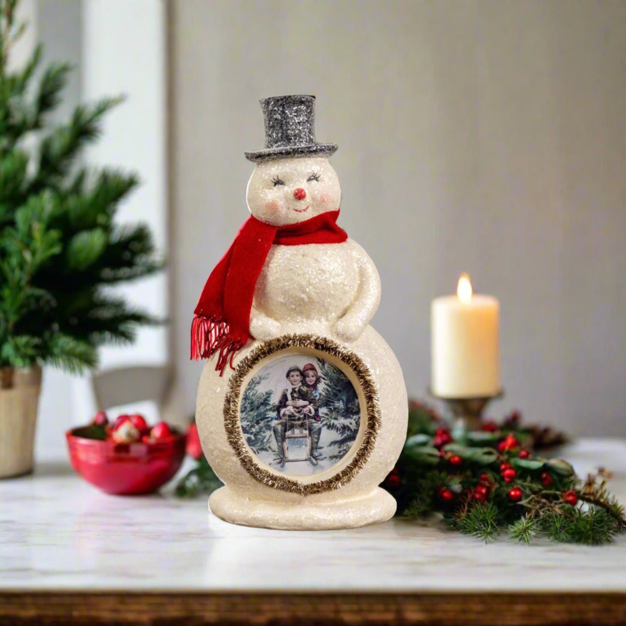 Ragon House Christmas 11.25” Vintage Looking Snowman Figurine w/ Vintage Children - The Primitive Pineapple Collection