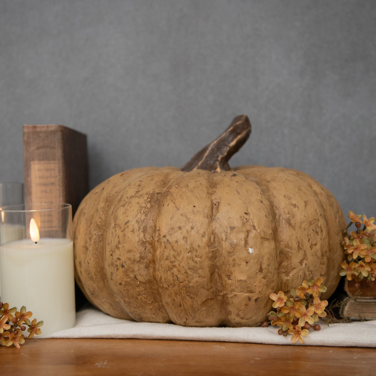 Ragon House 12"x9" Large Beige Mache Pumpkin | Primitive Fall Decor - The Primitive Pineapple Collection