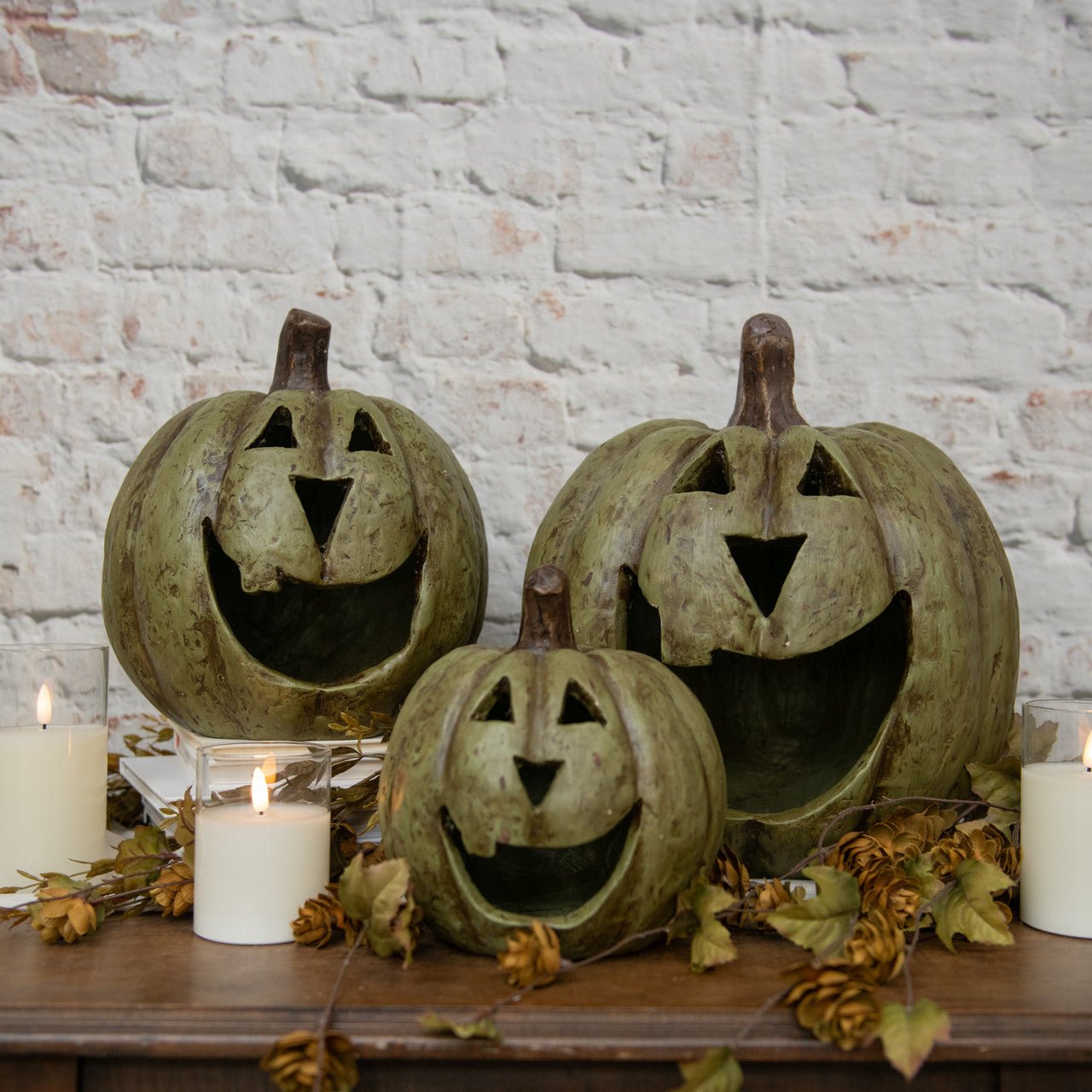 Ragon House Mache 8" Olive Green Big Mouth Pumpkin Jack O Lantern Halloween - The Primitive Pineapple Collection