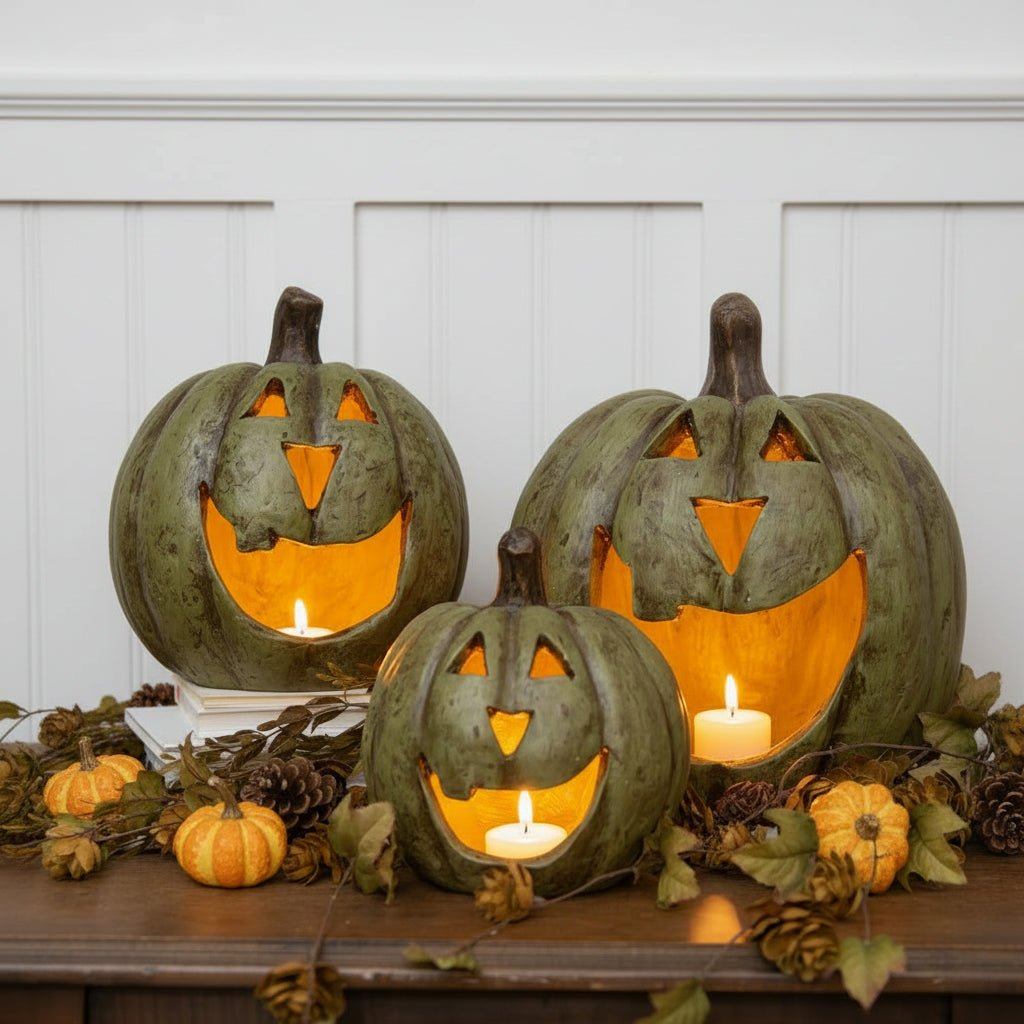 Halloween Fall Ragon House Collectable 15” Olive Green Big Mouth Pumpkin Luminary - The Primitive Pineapple Collection