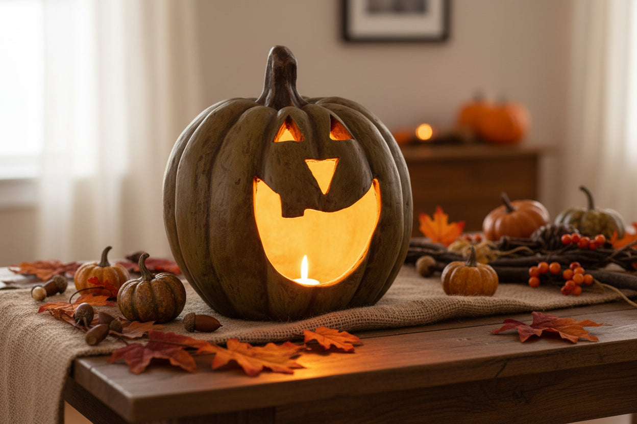 Halloween Fall Ragon House Collectable 15” Olive Green Big Mouth Pumpkin Luminary - The Primitive Pineapple Collection
