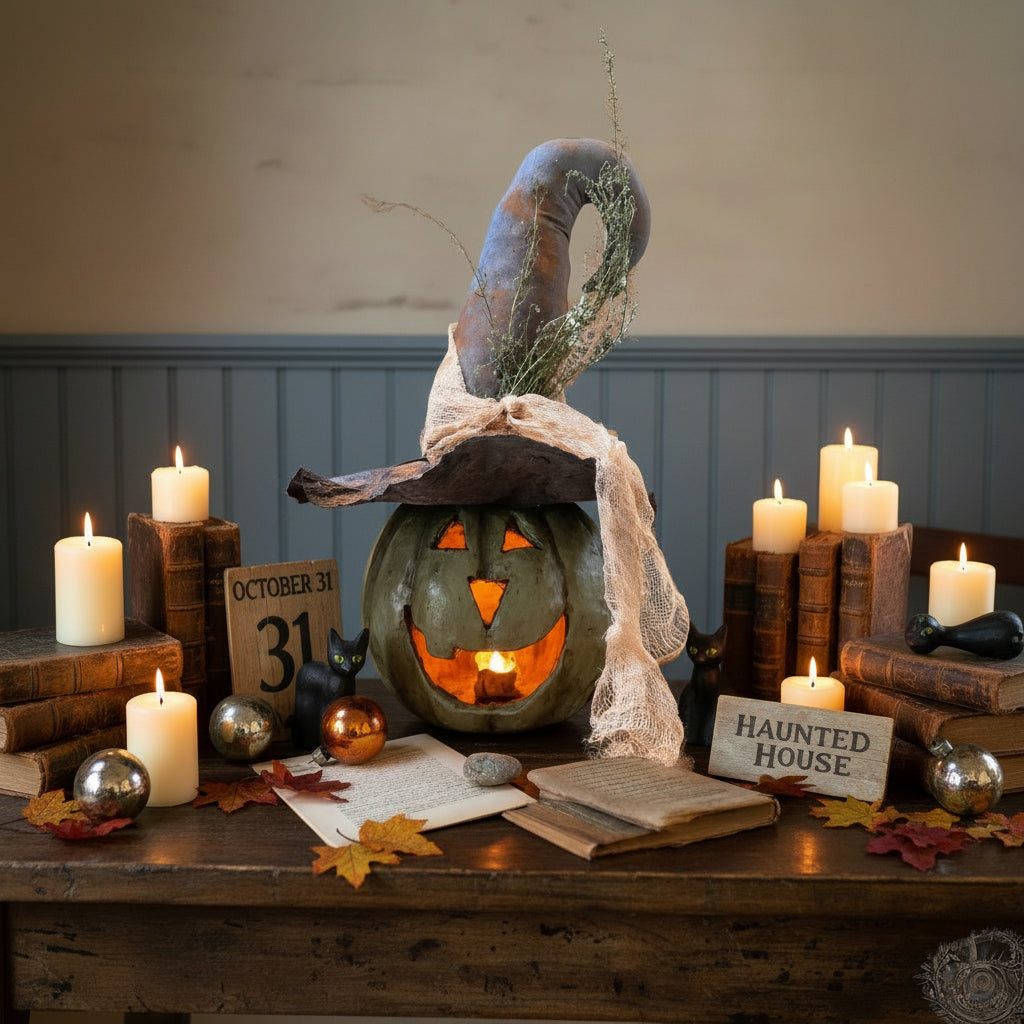 Halloween Ragon House Collectable 11” Olive Green Big Mouth Pumpkin Luminary - The Primitive Pineapple Collection