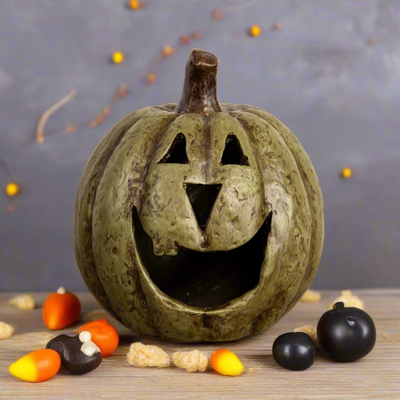 Halloween Ragon House Collectable 11” Olive Green Big Mouth Pumpkin Luminary - The Primitive Pineapple Collection