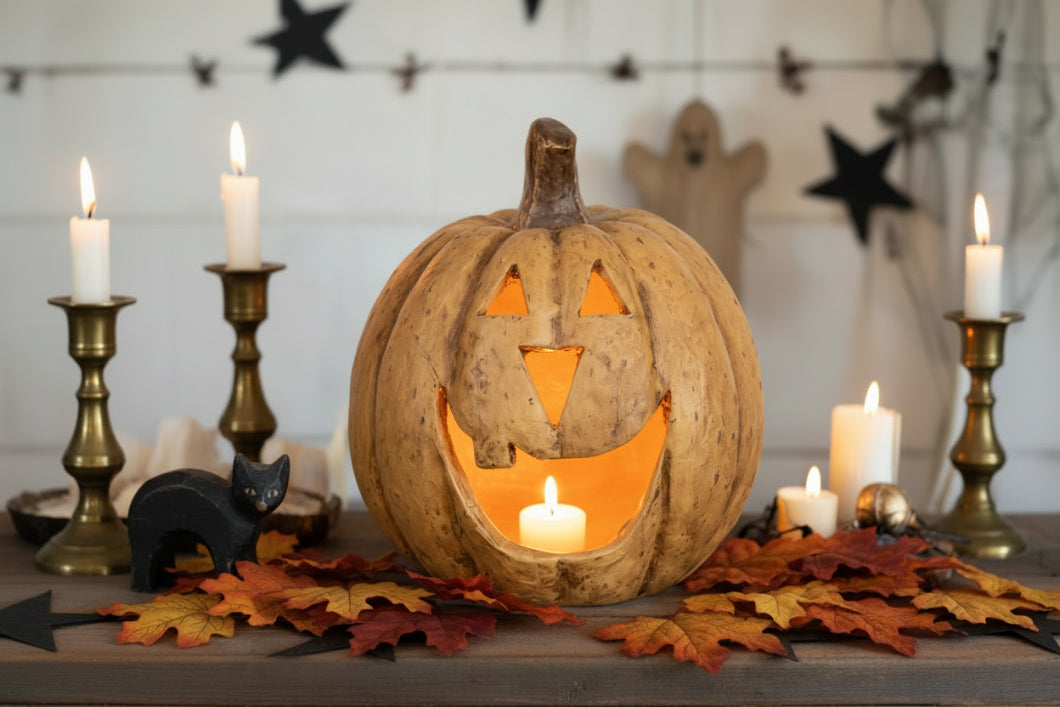 Halloween Ragon House Collectable 11” Beige Big Mouth Pumpkin Luminary - The Primitive Pineapple Collection