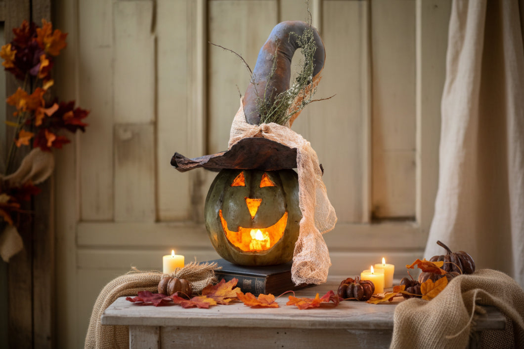Ragon House Mache 8" Olive Green Big Mouth Pumpkin Jack O Lantern Halloween - The Primitive Pineapple Collection