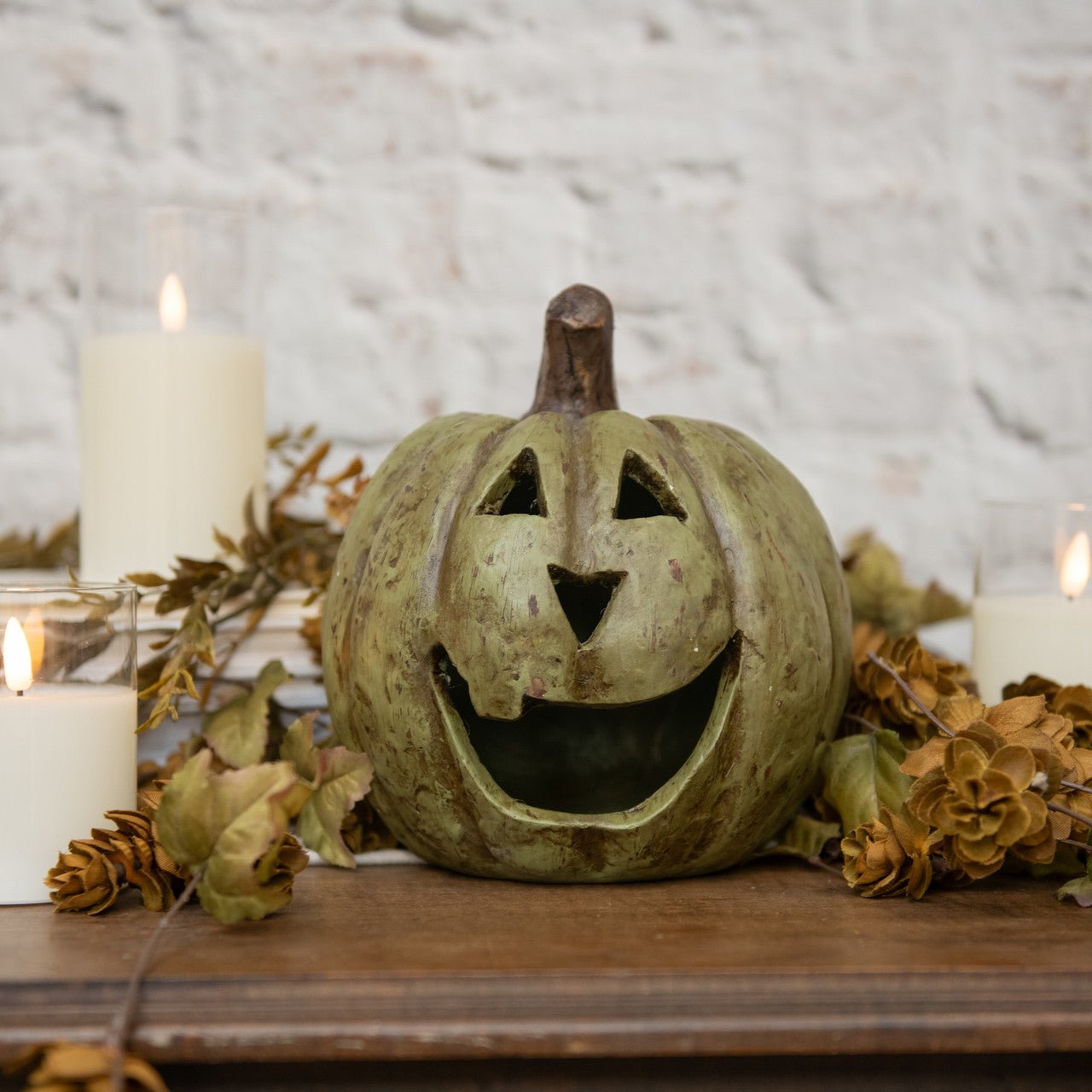 Ragon House Mache 8" Olive Green Big Mouth Pumpkin Jack O Lantern Halloween - The Primitive Pineapple Collection
