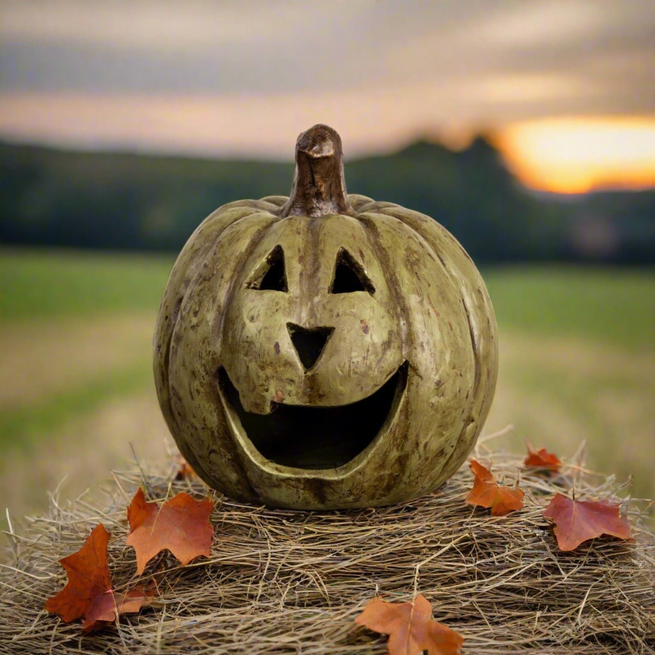 Ragon House Mache 8" Olive Green Big Mouth Pumpkin Jack O Lantern Halloween - The Primitive Pineapple Collection
