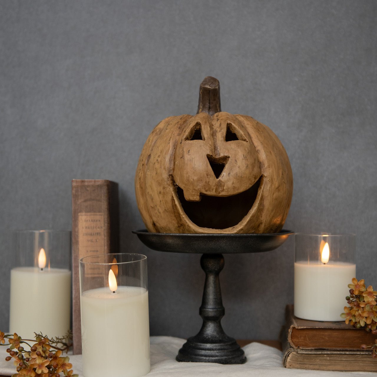 Ragon House Mache 8" Beige Big Mouth Pumpkin Jack O Lantern Halloween - The Primitive Pineapple Collection