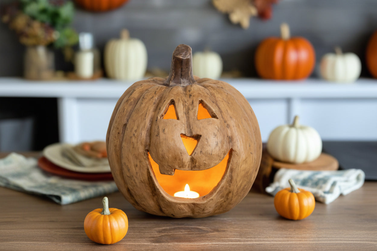 Ragon House Mache 8" Beige Big Mouth Pumpkin Jack O Lantern Halloween - The Primitive Pineapple Collection