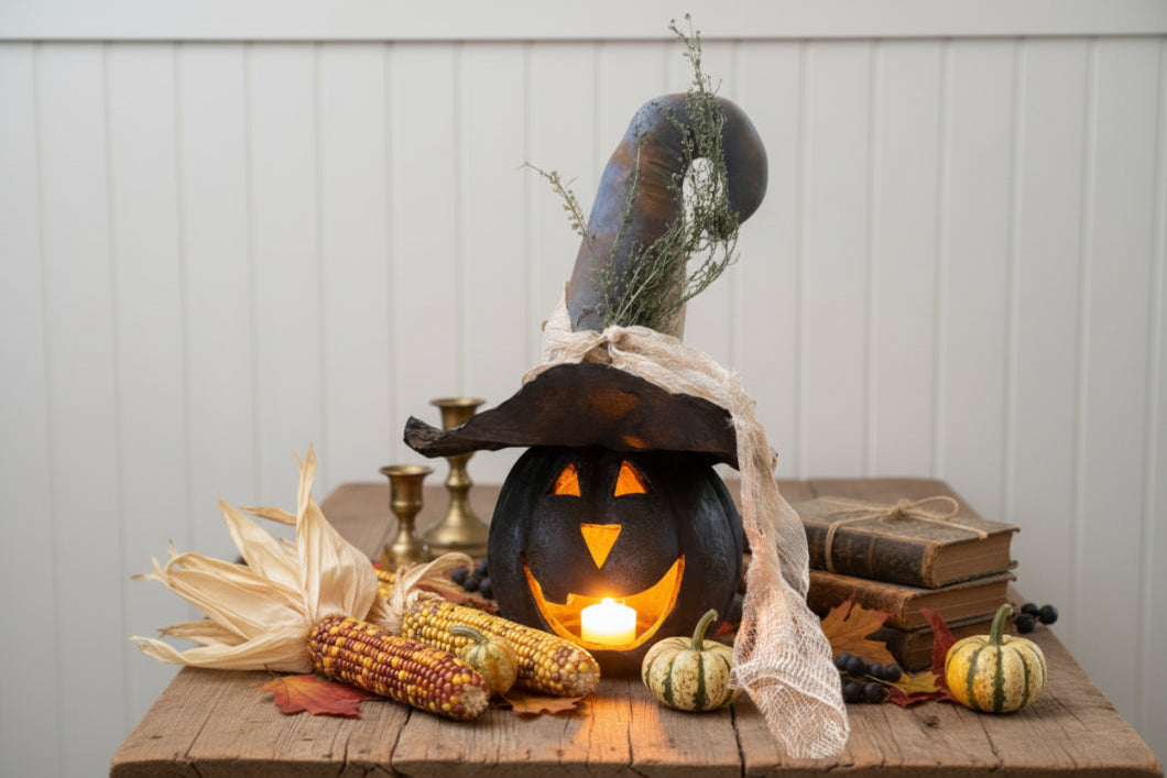 Ragon House Life Size 8" Black Big Mouth Pumpkin Jack O Lantern Halloween - The Primitive Pineapple Collection