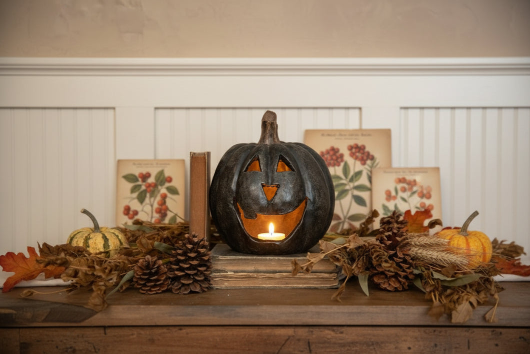 Ragon House Life Size 8" Black Big Mouth Pumpkin Jack O Lantern Halloween - The Primitive Pineapple Collection