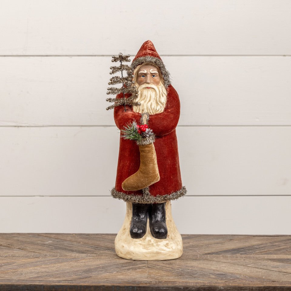 Ragon House Christmas 16.5" Russet Velvet Belsnickle Santa w/ Tinsel Tree/Stocking - The Primitive Pineapple Collection