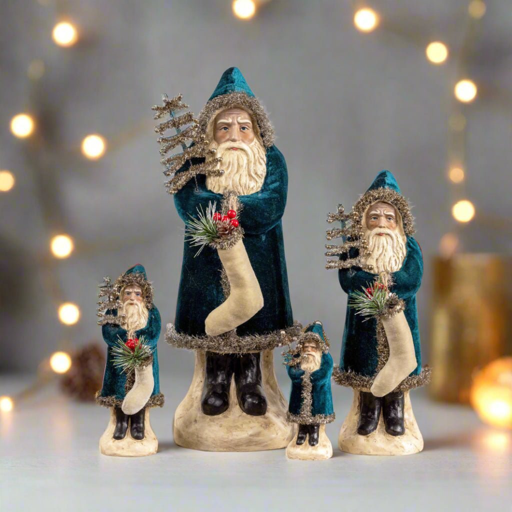 Ragon House 12" Deep Ocean Blue Velvet Belsnickle Santa – Vintage Style Christmas Figurine with Tinsel Tree - The Primitive Pineapple Collection