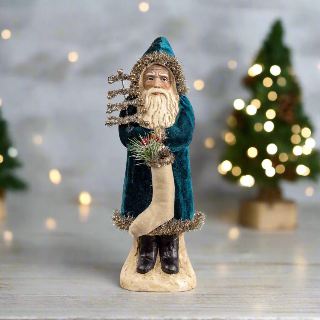 Ragon House 12" Deep Ocean Blue Velvet Belsnickle Santa – Vintage Style Christmas Figurine with Tinsel Tree - The Primitive Pineapple Collection